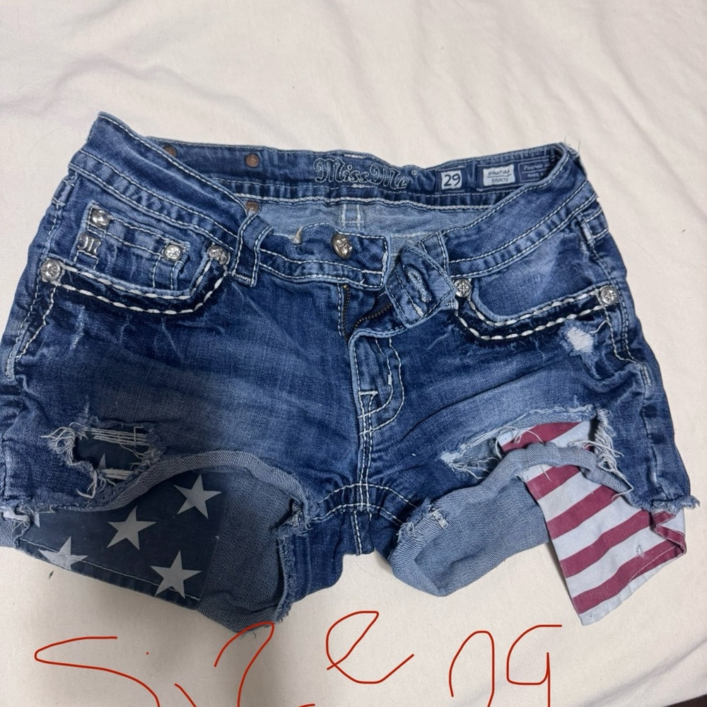 Miss Me Distressed Blue Jean Shorts with Star and Stripe Accents